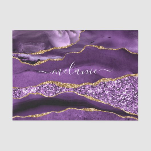 Agat Paars Violet Goud Glitter Naam Tissuepapier (Voorkant)