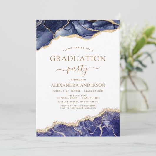 Agate Afstuderen Class of 2022 Navy Blue Gold Invi Kaart (Staand voorkant)