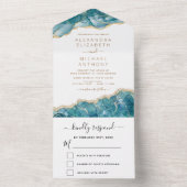 Agate Aqua Turquoise Blue Gold Wedding All In One Uitnodiging (Binnen)