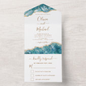 Agate Aqua Turquoise Blue Gold Wedding RSVP All In One Uitnodiging (Binnen)