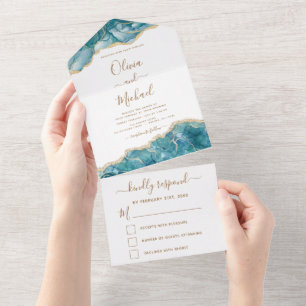 Agate Aqua Turquoise Blue Gold Wedding RSVP All In One Uitnodiging