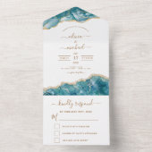 Agate Aqua Turquoise Blue Gold Wedding RSVP All In One Uitnodiging (Binnen)