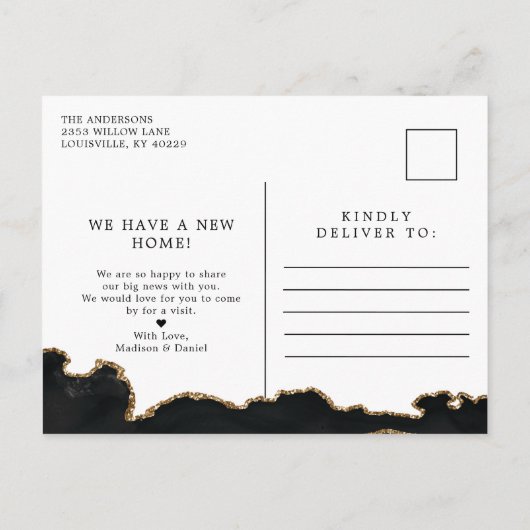 Agate Black en Gold Marble Moving Announding Aankondigingskaart (Achterkant)