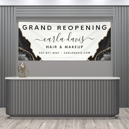 Agate Black en Gold Marble Salon opnieuw openen Spandoek