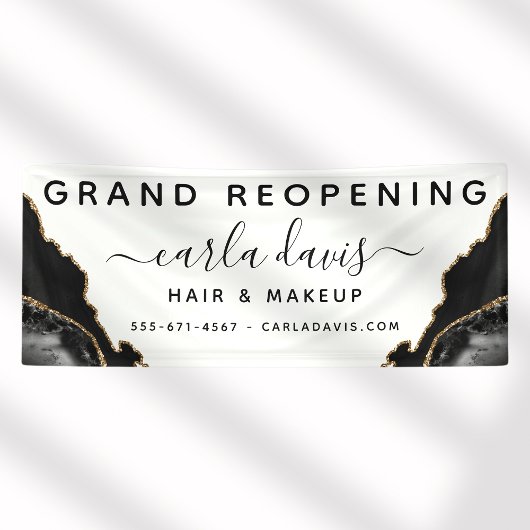 Agate Black en Gold Marble Salon opnieuw openen Spandoek