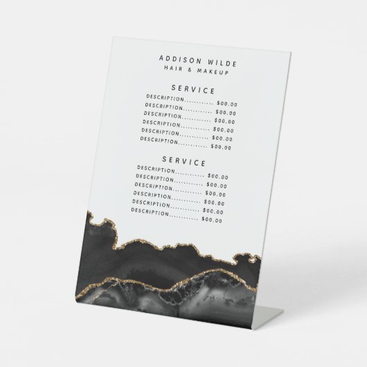 Agate Black en Gold Marble-serviceprijs Reclamebord Met Voetstuk (Voorkant)