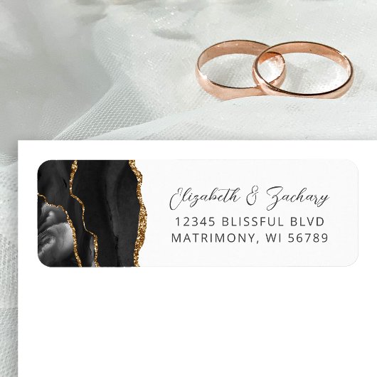 Agate Black Gold Wedding Retouradres Etiket