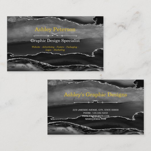 Agate Black & Silver Faux Glitter Visitekaartje (Voorkant / Achterkant)