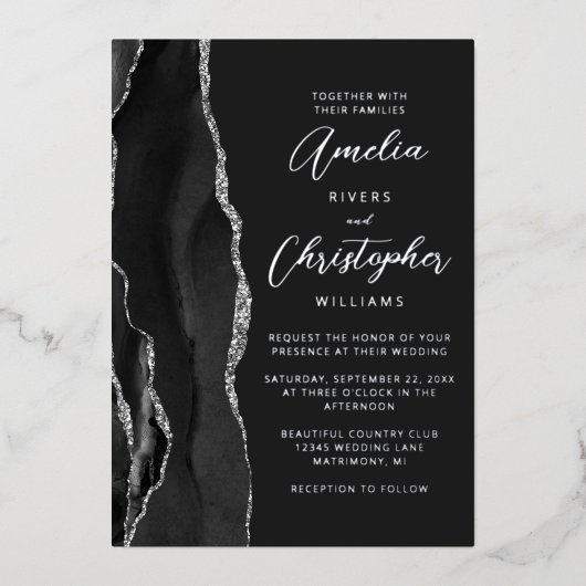 Agate Black Silver Script Dark Wedding Folie Uitnodiging (Voorkant)