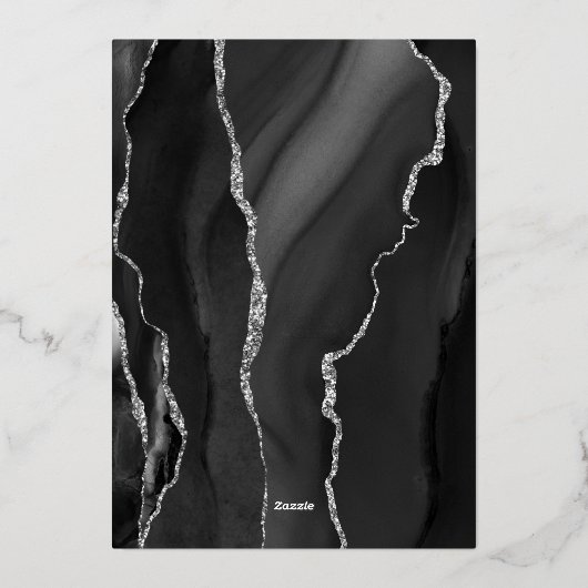 Agate Black Silver Script Dark Wedding Folie Uitnodiging (Achterkant)