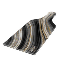 Agate Black white and gold liquid monogram name Snijplank