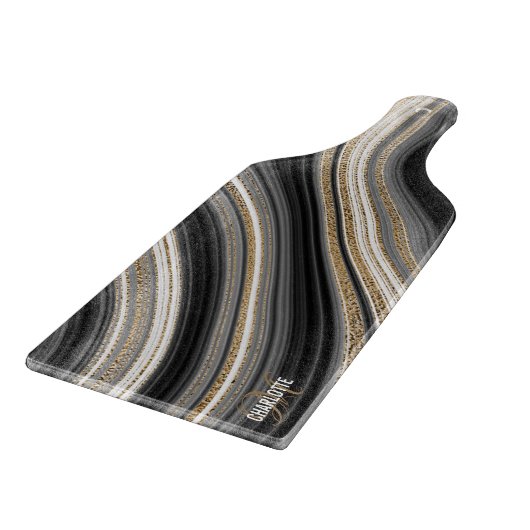 Agate Black white and gold liquid monogram name Snijplank (Hoek)