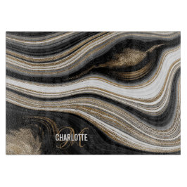 Agate Black white and gold liquid monogram name Snijplank