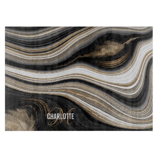 Agate Black white and gold liquid monogram name Snijplank (Voorkant)