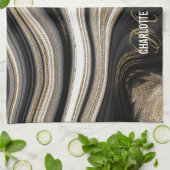 Agate Black white and gold liquid monogram name Theedoek (Gevouwen)