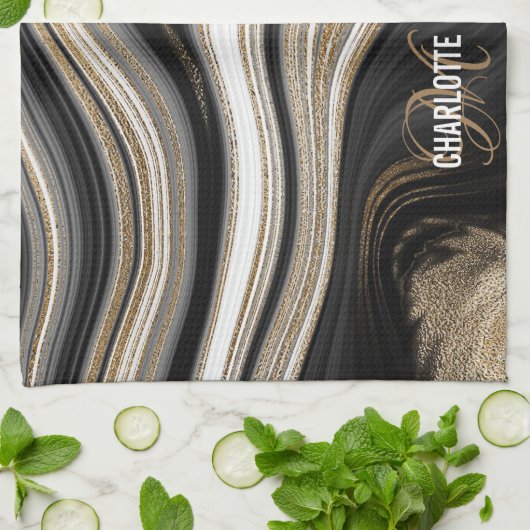 Agate Black white and gold liquid monogram name Theedoek (Gevouwen)