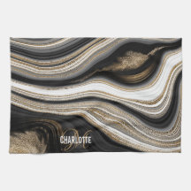 Agate Black white and gold liquid monogram name