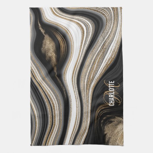 Agate Black white and gold liquid monogram name Theedoek (Verticaal)