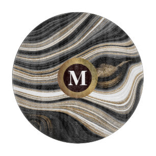 Agate Black White en Gold met elk monogram Snijplank