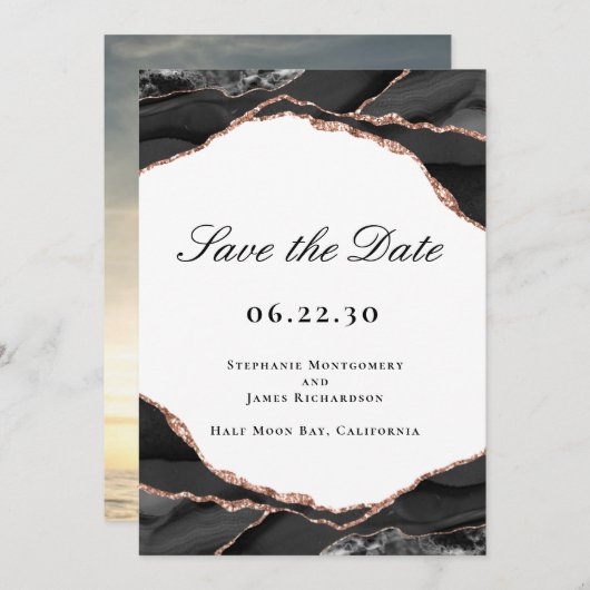 Agate Black White Roos Gold Foil Weddenfoto Save The Date (Voorkant / Achterkant)