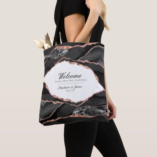 Agate Black White Roos Gold Foil Weduwen Welkom Tote Bag (Dichtbij)