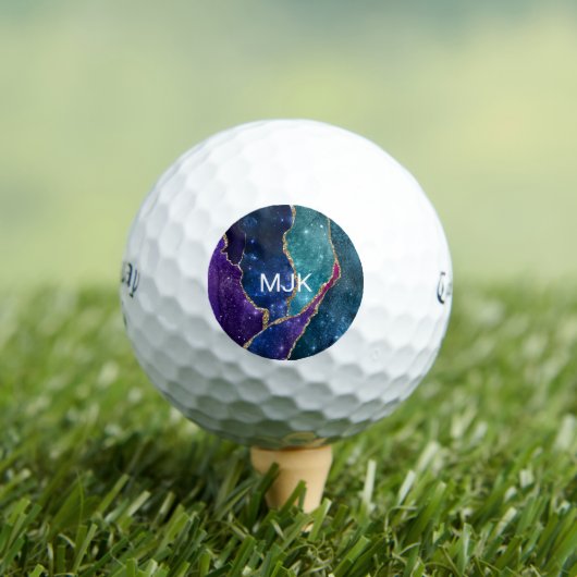 Agate Blauw Paars Aqua Goud Aderen Monogram Golfballen (Insitu Shirt)