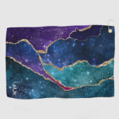 Agate Blauw Paars Aqua Goud Aderen Monogram Golfhanddoek (Horizontaal)