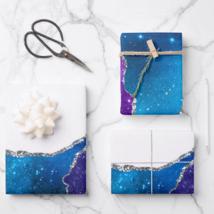 Agate Blauw Paarse Roze Zilveren Glitter Fancy  Inpakpapier Vel