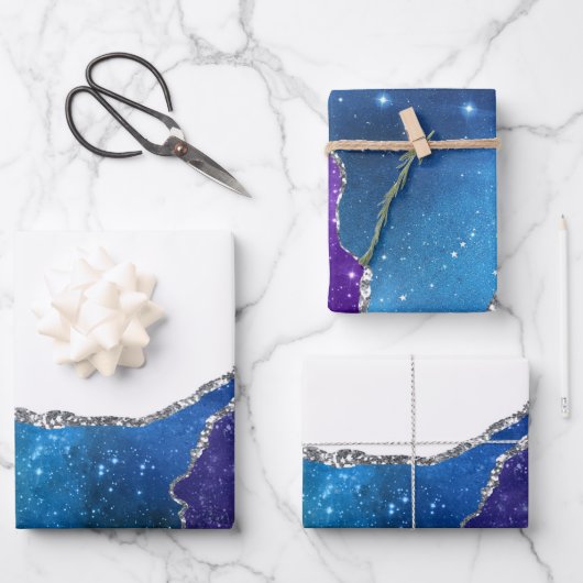 Agate Blauw Paarse Roze Zilveren Glitter Fancy  Inpakpapier Vel (Voorkant)