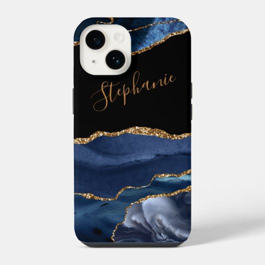 Agate Blauwe Goud Glitter Aangepaste Naam iPhone Hoesje (Achterkant)