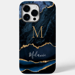 Agate Blauwe Gouden Glitter Marmer Aangepaste Naam iPhone 14 Pro Max Hoesje