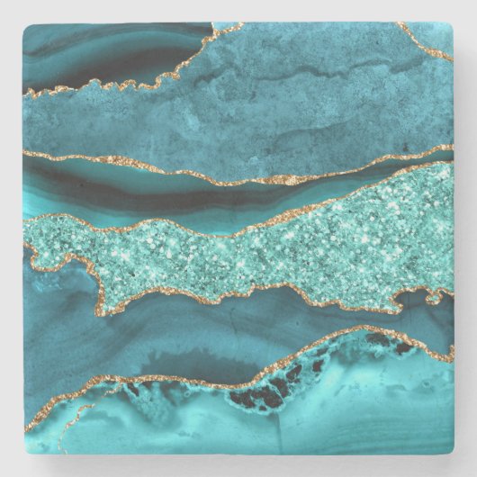 Agate Blauwgroen Blauw Goud Glitter Marmeren Steen Stenen Onderzetter (Voorkant)