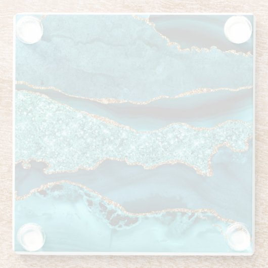 Agate Blauwgroen Blauw Goud Marmer Aqua Glass Onde Glazen Onderzetter (Achterkant)