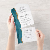 Agate Blauwgroen Blauw Goud Script All In One Uitnodiging (Afscheurbaar)