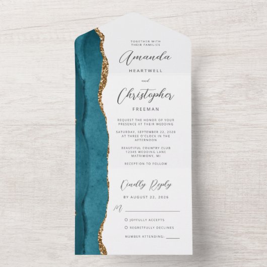 Agate Blauwgroen Blauw Goud Script All In One Uitnodiging (Binnen)