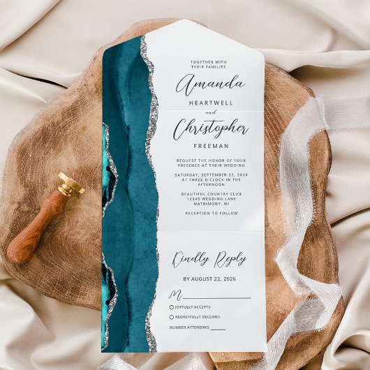 Agate Blauwgroen Blauw Zilver Wedding All In One Uitnodiging