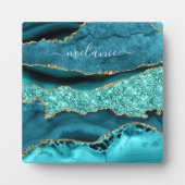 Agate Blauwgroen Blue Glitter Gemstone Custom Name Fotoplaat (Voorkant)