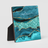 Agate Blauwgroen Blue Glitter Gemstone Custom Name Fotoplaat (Voorkant)