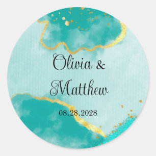 Agate Blauwgroen en Gold Waterverf Wedding Ronde Sticker