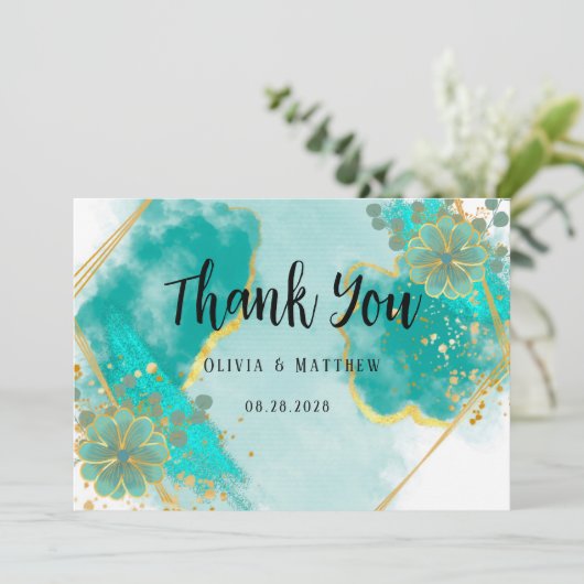 Agate Blauwgroen & Gold Floral Weddenschap Harteli Kaart (Staand voorkant)