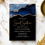 Agate Blue Gold Dark Sweet 16 Birthday Party Kaart<br><div class="desc">Deze trendy Sweet Sixteen verjaardagsuitnodiging is voorzien van een waterverf afbeelding van een agate geode in tinten blauw met faux gouden hoogtepunten. De woorden "Sweet Sixteen" staan in faux goudglitter in decoratief modern handschrift. Pas het met de naam van de eer in gouden gekleurde teksten en de details in wit...</div>