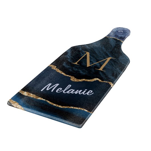 Agate Blue Gold Marble Monogram Name Cutting Board Snijplank (Hoek)