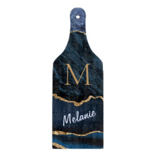 Agate Blue Gold Marble Monogram Name Cutting Board Snijplank