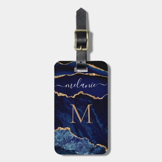 Agate Blue Gold Marble Name Letter Bagagelabel (Voorkant verticaal)