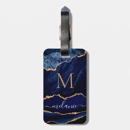Agate Blue Gold Marble Name Letter Bagagelabel (Achterkant verticaal)