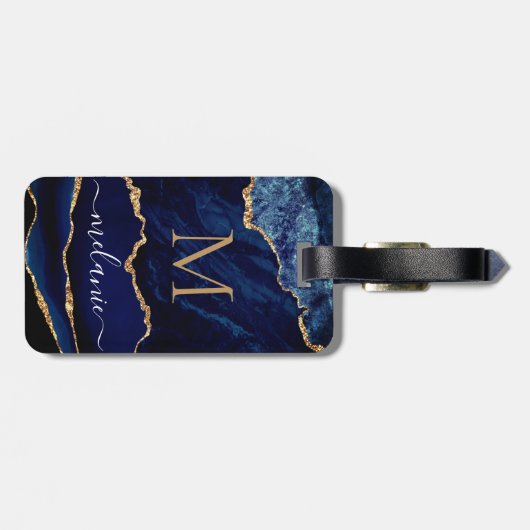 Agate Blue Gold Marble Name Letter Bagagelabel (Achterkant horizontaal)
