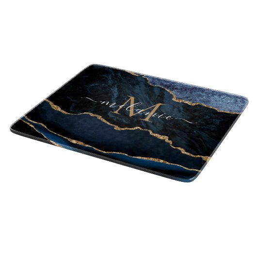 Agate Blue Gold Marble Name Letter Cutting Board Snijplank (Hoek)