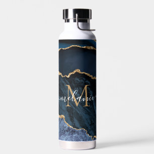 Agate Blue Gold Marble Name Letter Water Bottle Waterfles