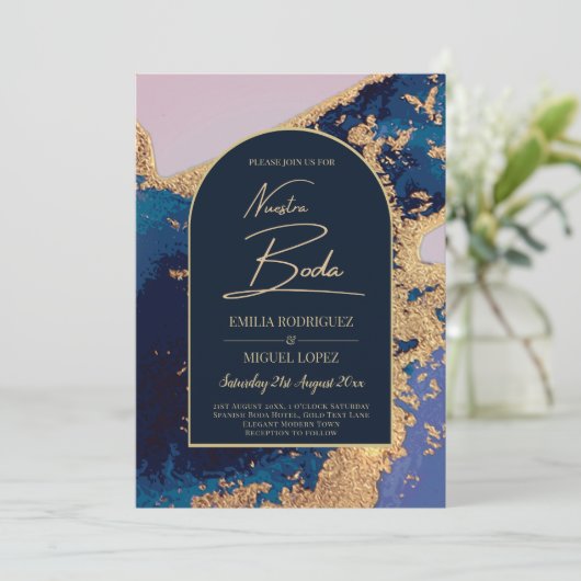 Agate Blue Gold Nuestra Boda Spaanse Bruiloft Leah Kaart (Staand voorkant)
