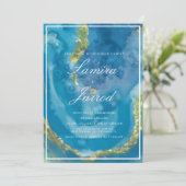 Agate Blue Hand Waterverf Faux Gold Wedding Kaart (Staand voorkant)
